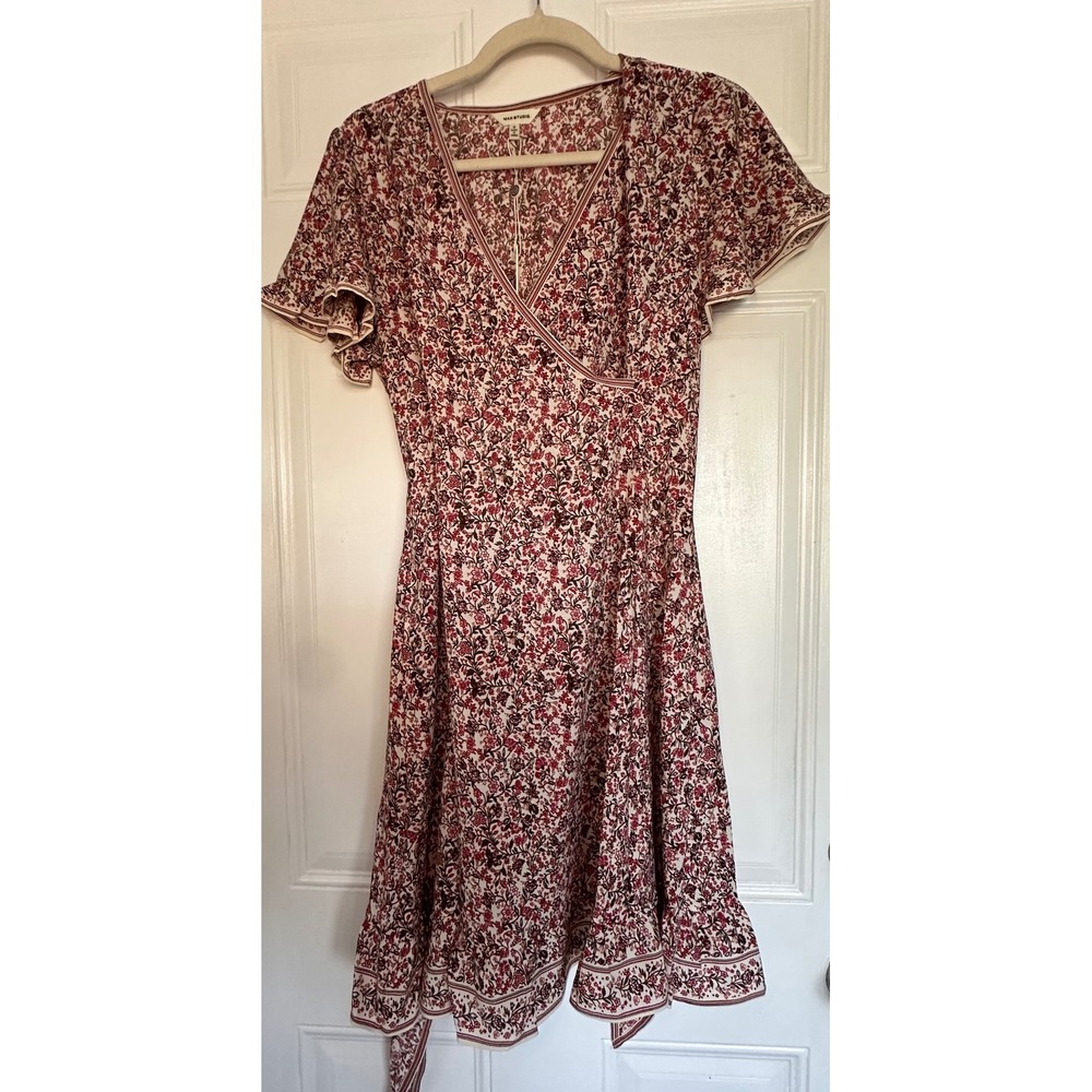 Max Studio Womens Red Floral Faux Wrap Ruffle Mini Dress Size S NWT